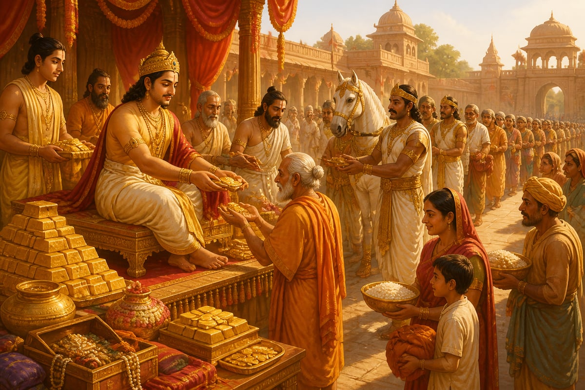 Yudhishthira distributing rivers of gold after the yajna