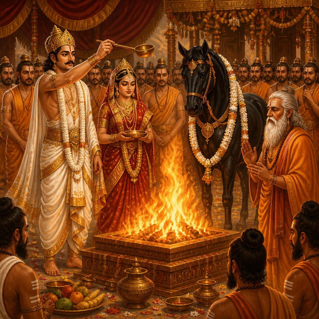 Yudhishthira raises the consecrated ladle before the central fire as the garlanded sacrificial stallion stands beside him.