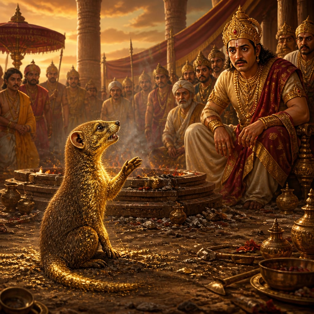 A half-golden, half-brown mongoose rolls in the sacrificial dust at the centre of the empty Ashvamedha arena.
