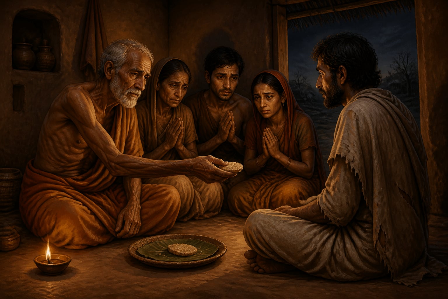Unchhavritti offering his last cake to the hungry stranger
