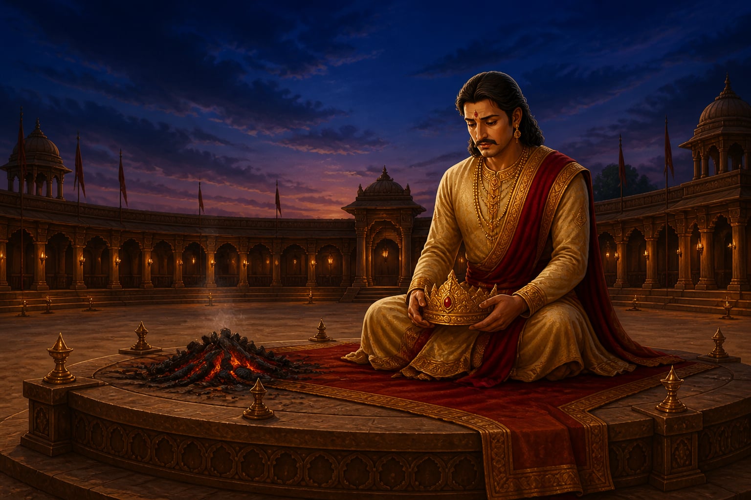 Yudhishthira alone in the empty arena after the mongoose's teaching