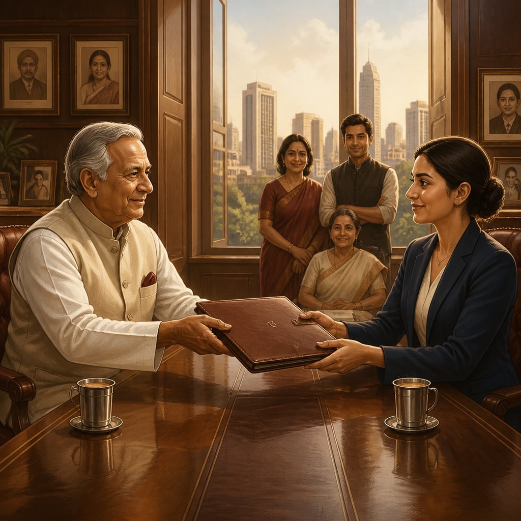 An elderly Indian business leader hands a leather-bound corporate folder across a conference table to his adult daughter.