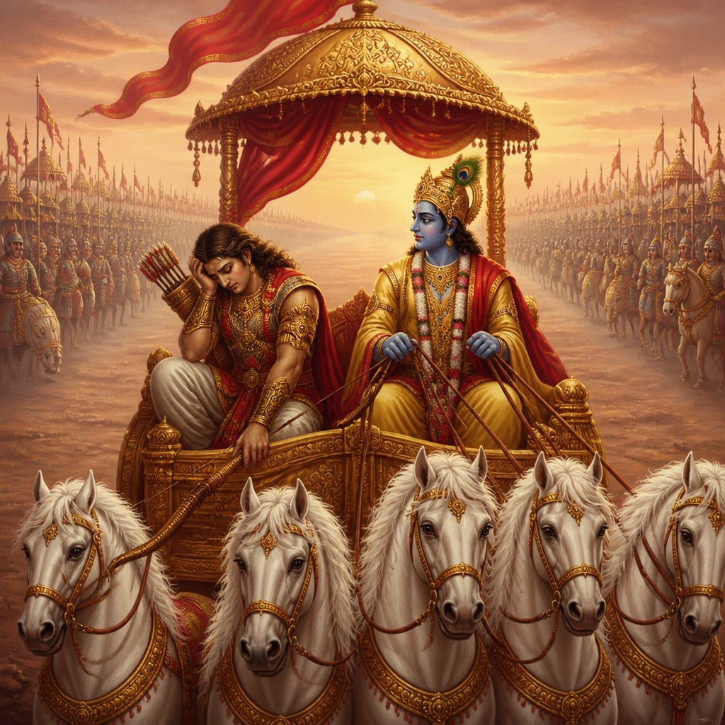 Arjuna slumps on his chariot between the armies as Gandiva slips from his hand and Krishna holds the reins.