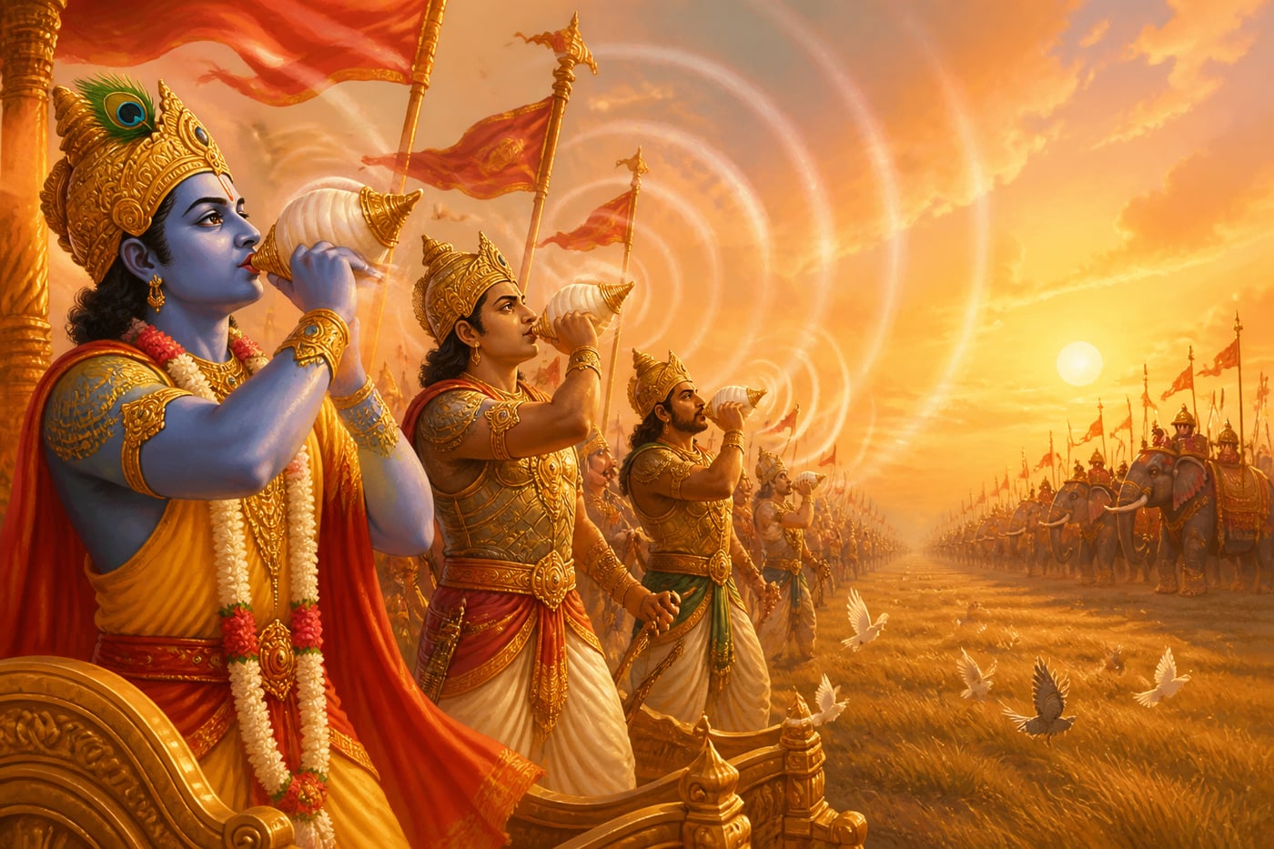The Pandava warriors raising their great conches