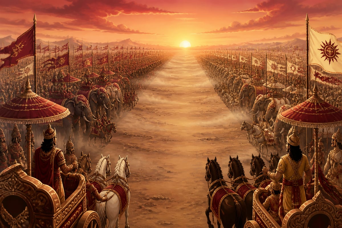 Two armies facing across the plain of Kurukshetra at dawn
