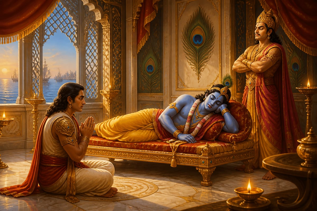 Arjuna and Duryodhana waiting beside the sleeping Krishna at Dwaraka