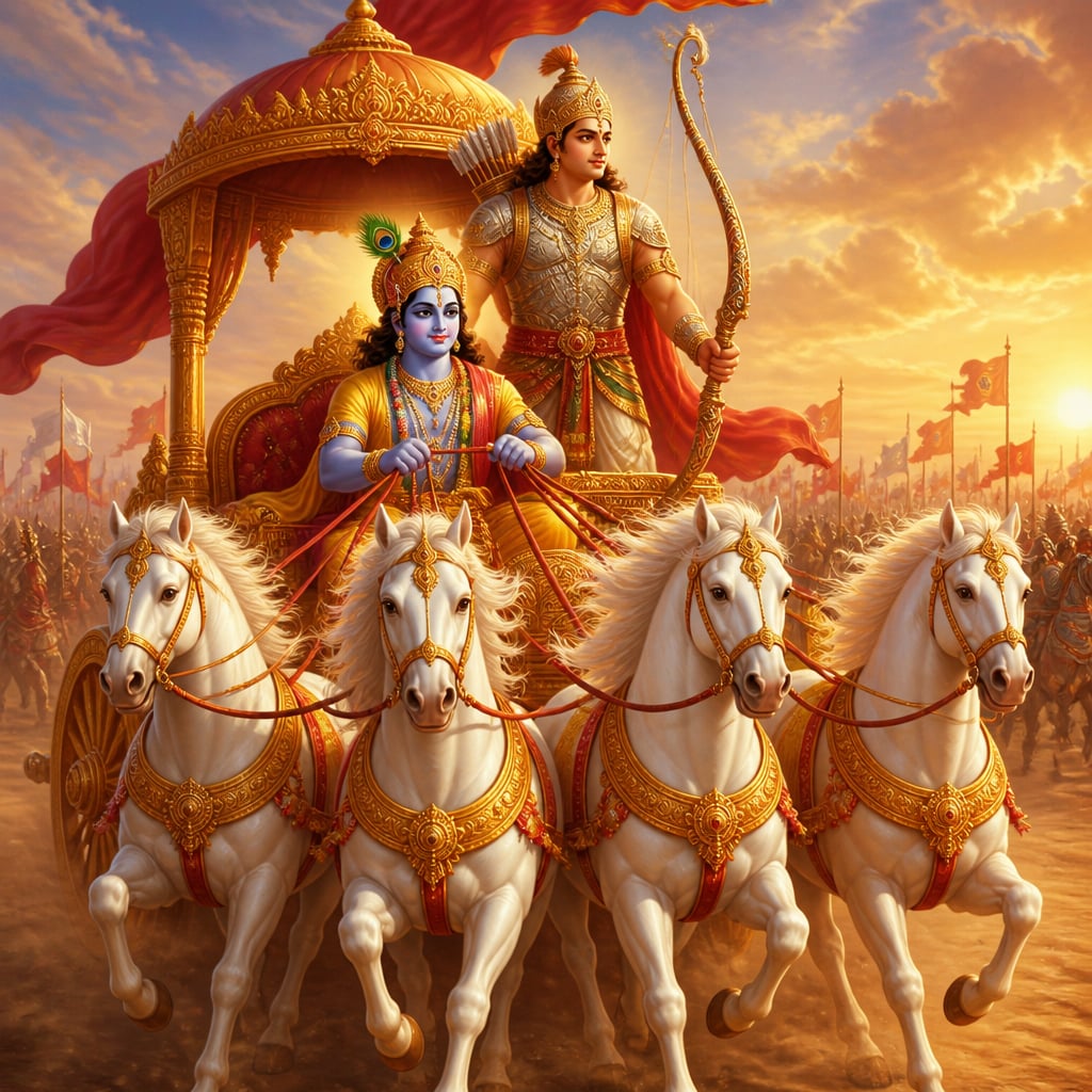 Krishna sits calmly at the reins of a white-horse chariot while Arjuna stands behind him, ready for battle.