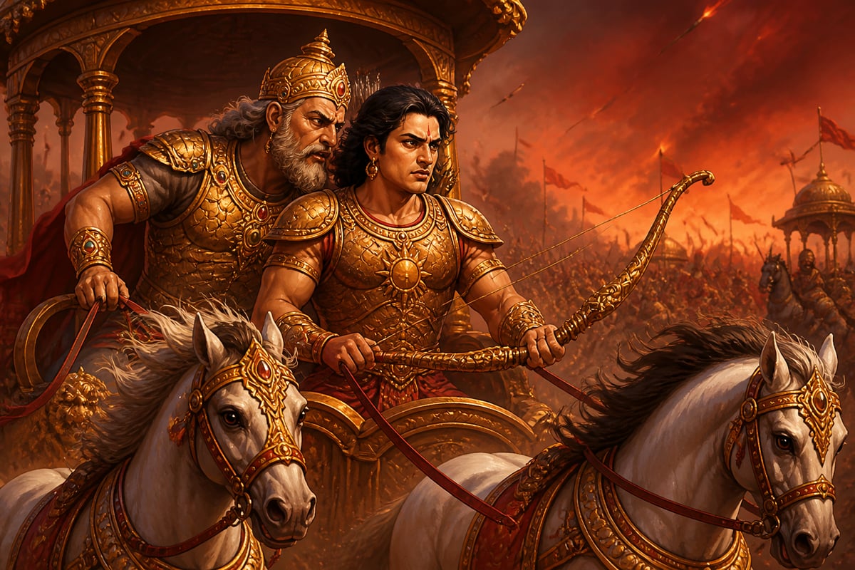 Shalya whispering demoralizing words to Karna in battle