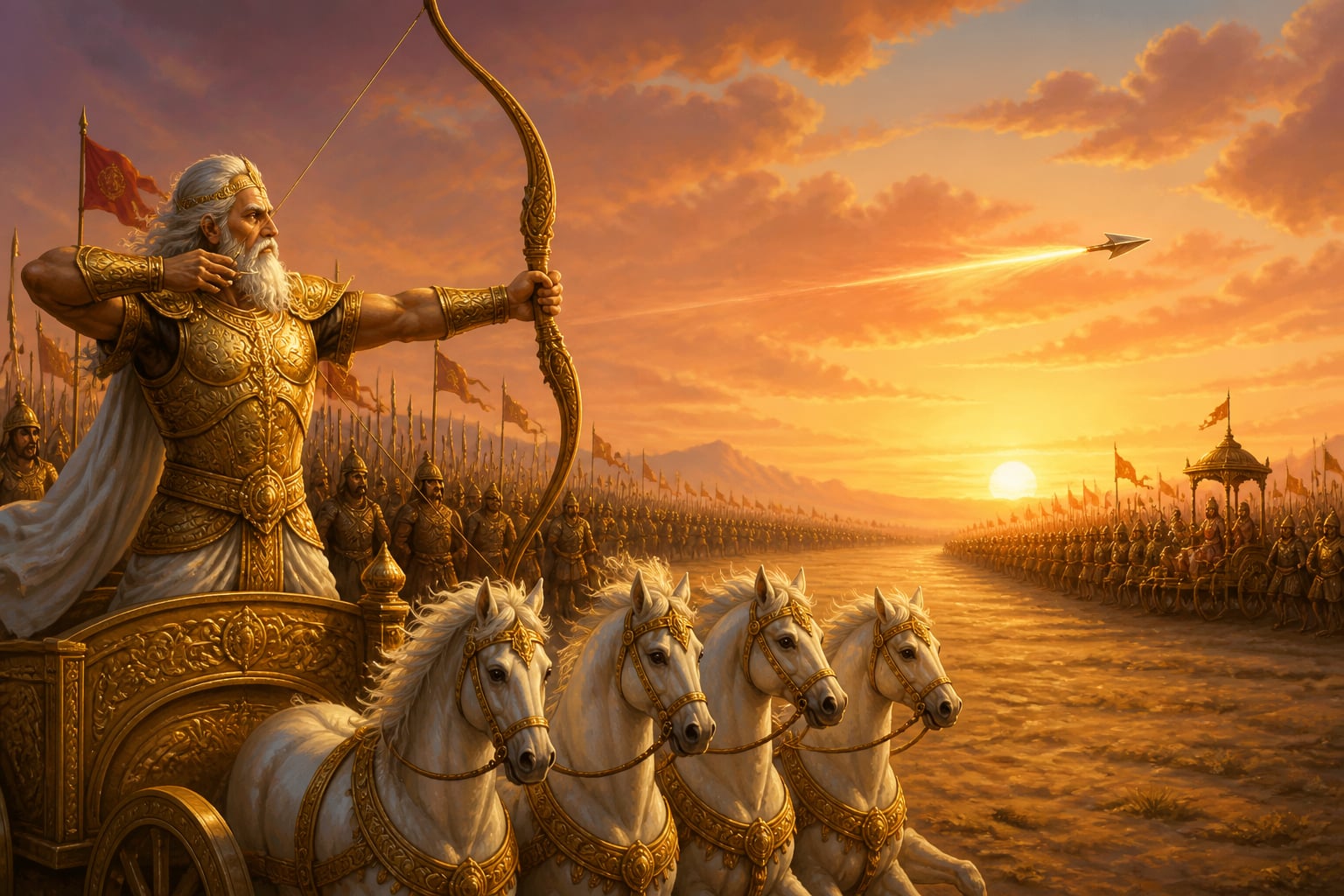 Bhishma loosing the first arrow of the war at dawn