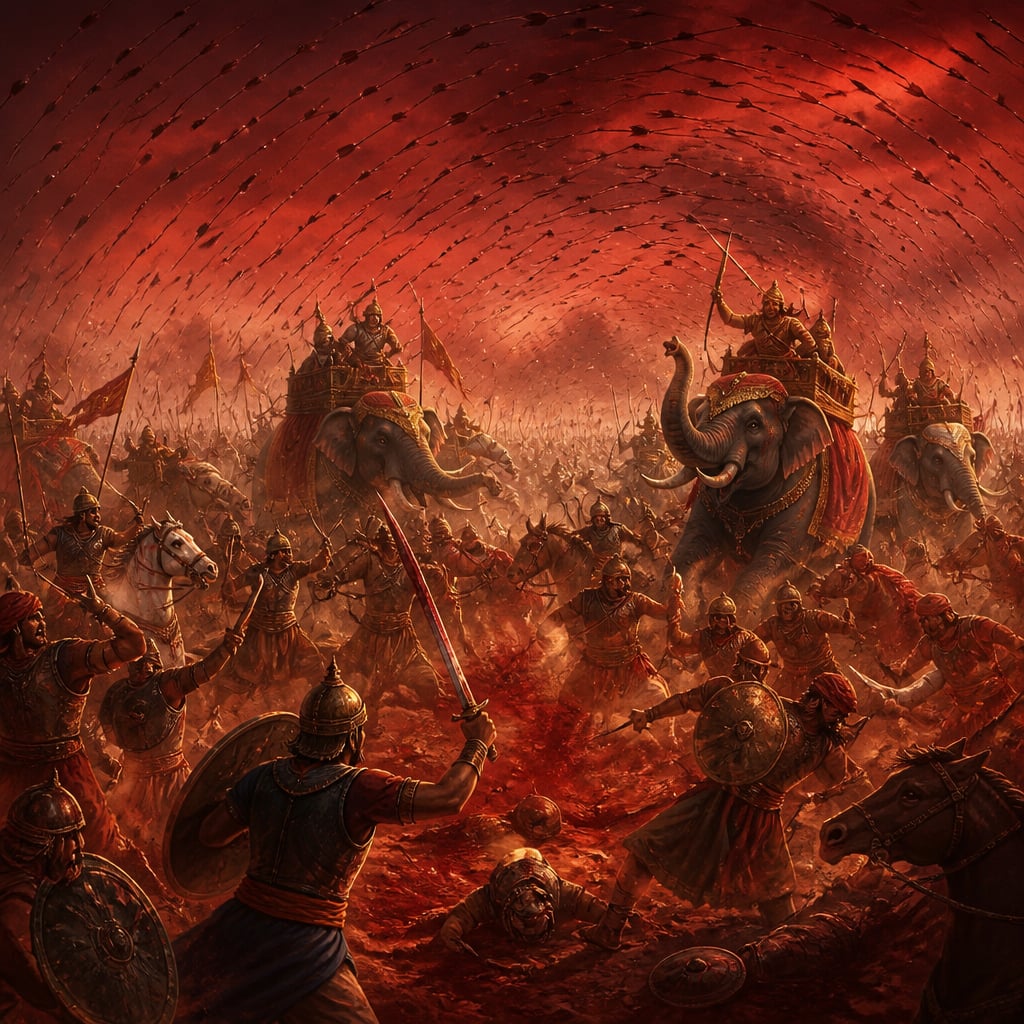 A dark cloud of countless arrows arcs across the Kurukshetra sky above the clashing armies below.