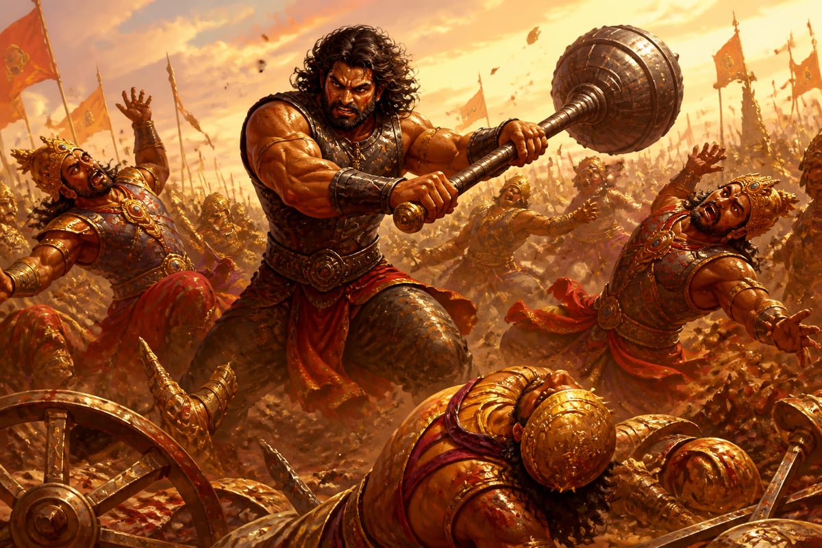 Bhima rampaging through the Kaurava princes with his mace