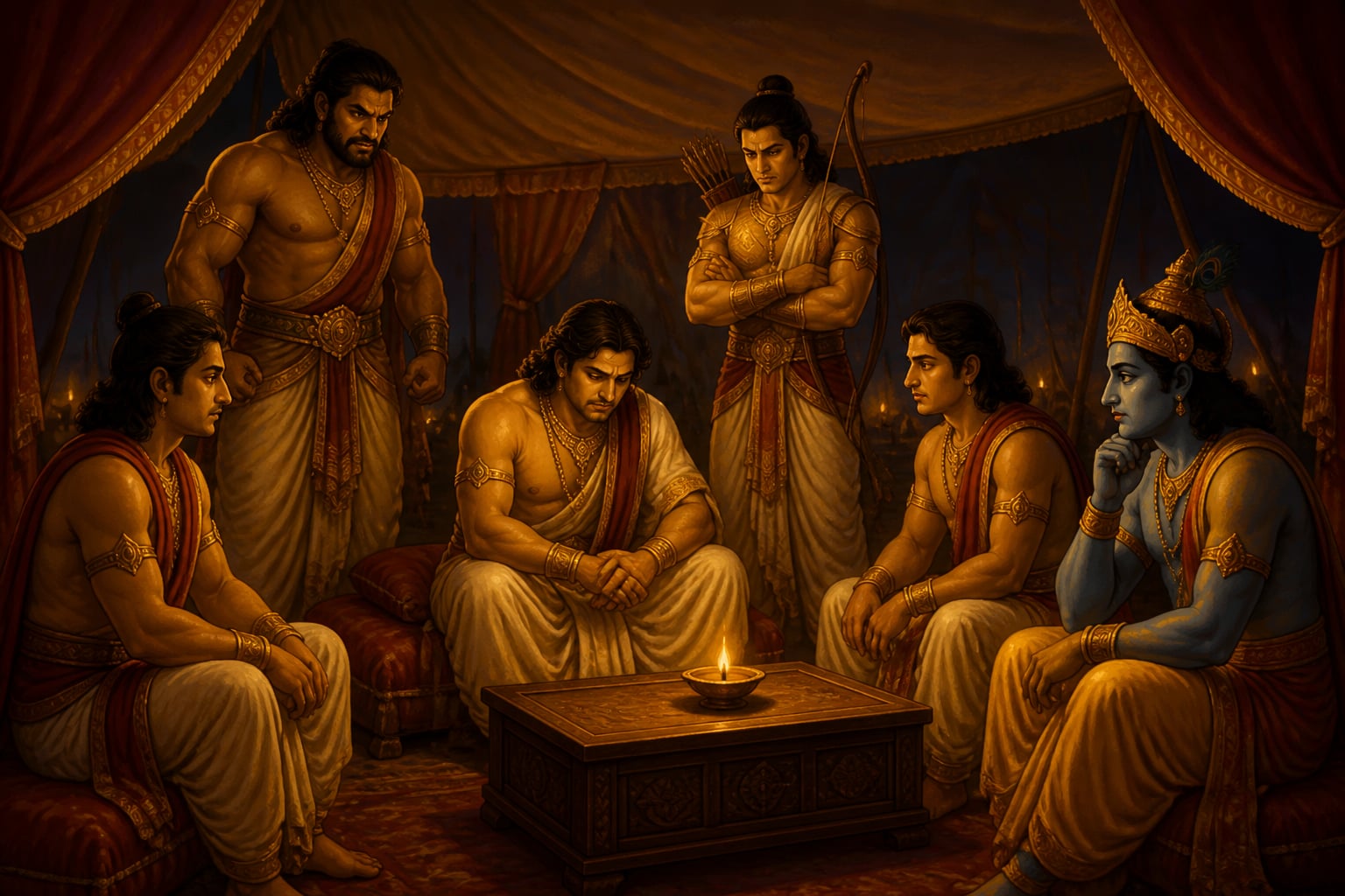 The Pandava brothers in grim night council with Krishna