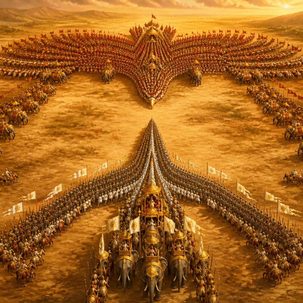 A high view of Kurukshetra shows the Kaurava eagle formation closing on the Pandava crane formation.