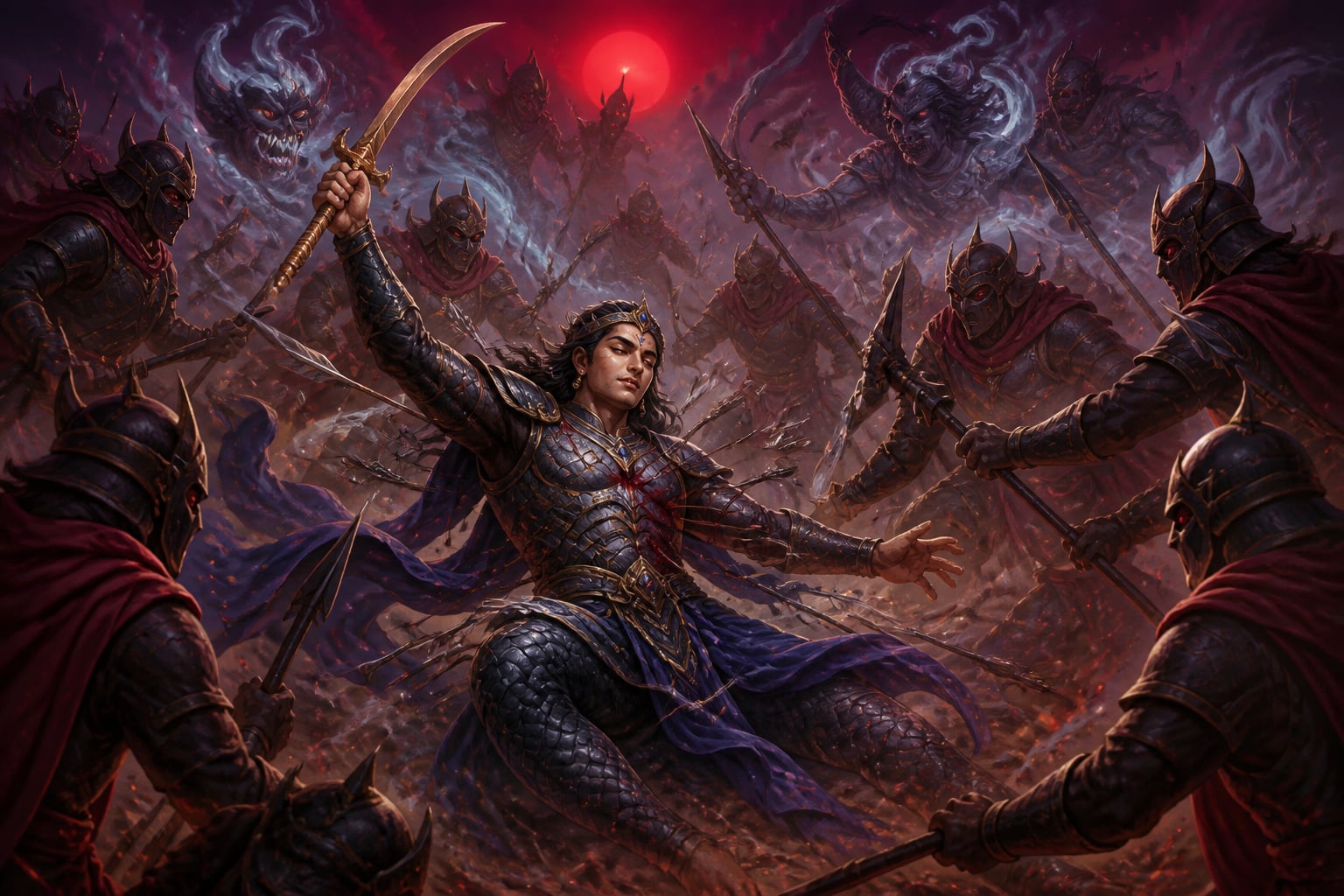 Iravan facing overwhelming odds against the Kaurava illusionists