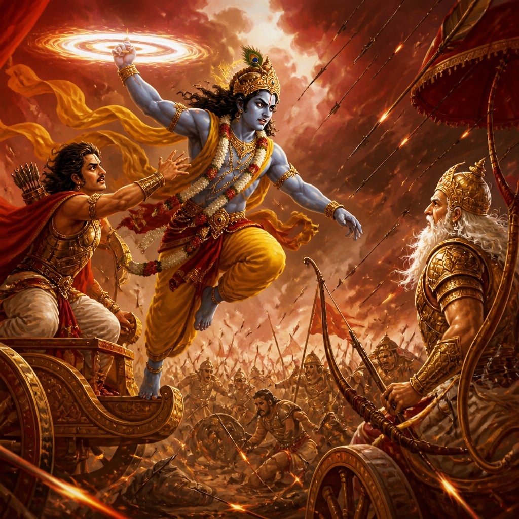 Krishna leaps from the chariot with the blazing Sudarshana Chakra raised, advancing on Bhishma in fury.