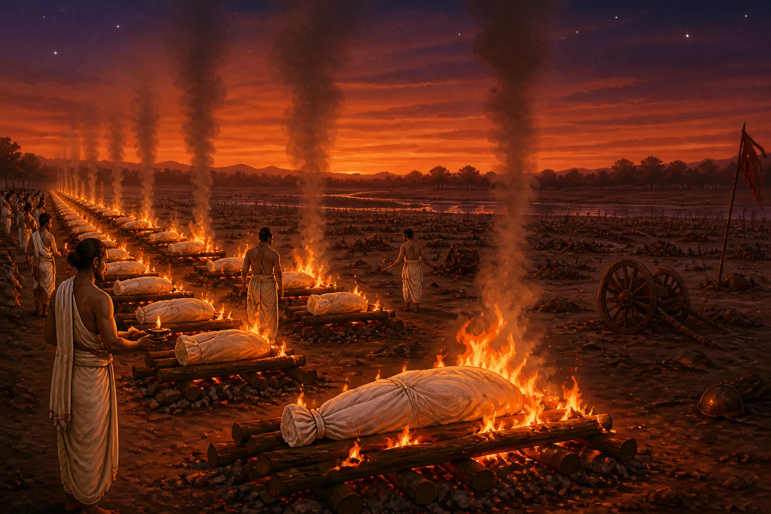 Pyres of unnamed soldiers burning at the battlefield's edge