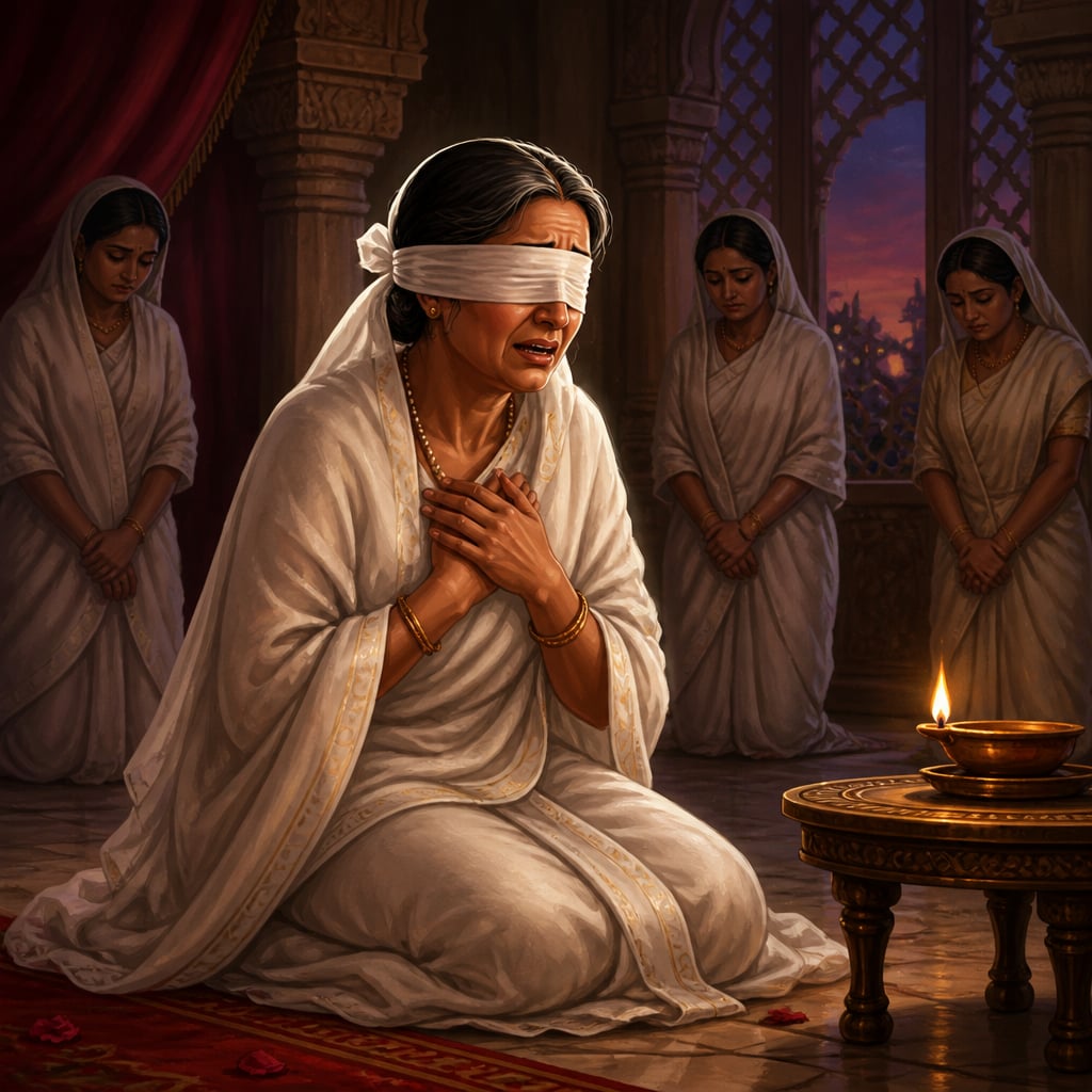 Gandhari kneels in white silks with her silken blindfold as a messenger brings news of her sons in battle.