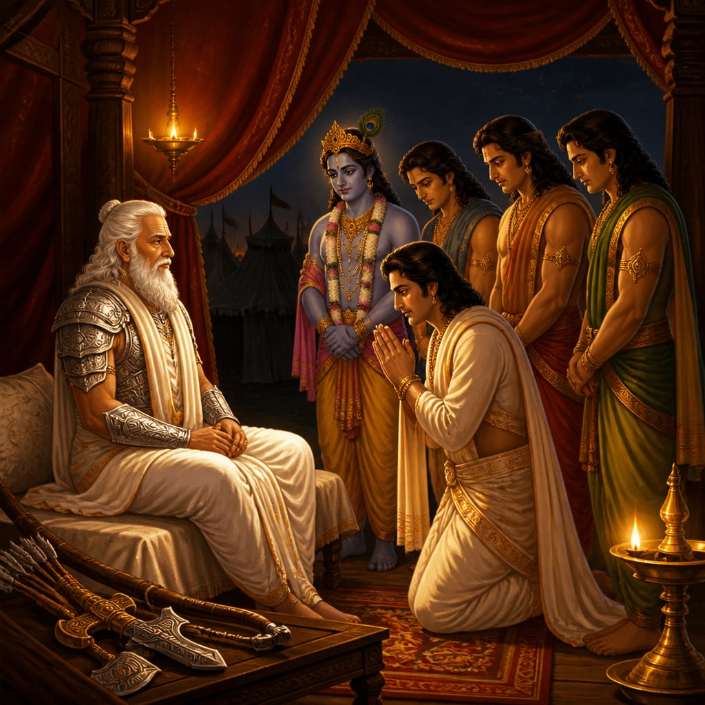 Bhishma sits in his lamp-lit command tent at night welcoming the five Pandavas and Krishna inside.