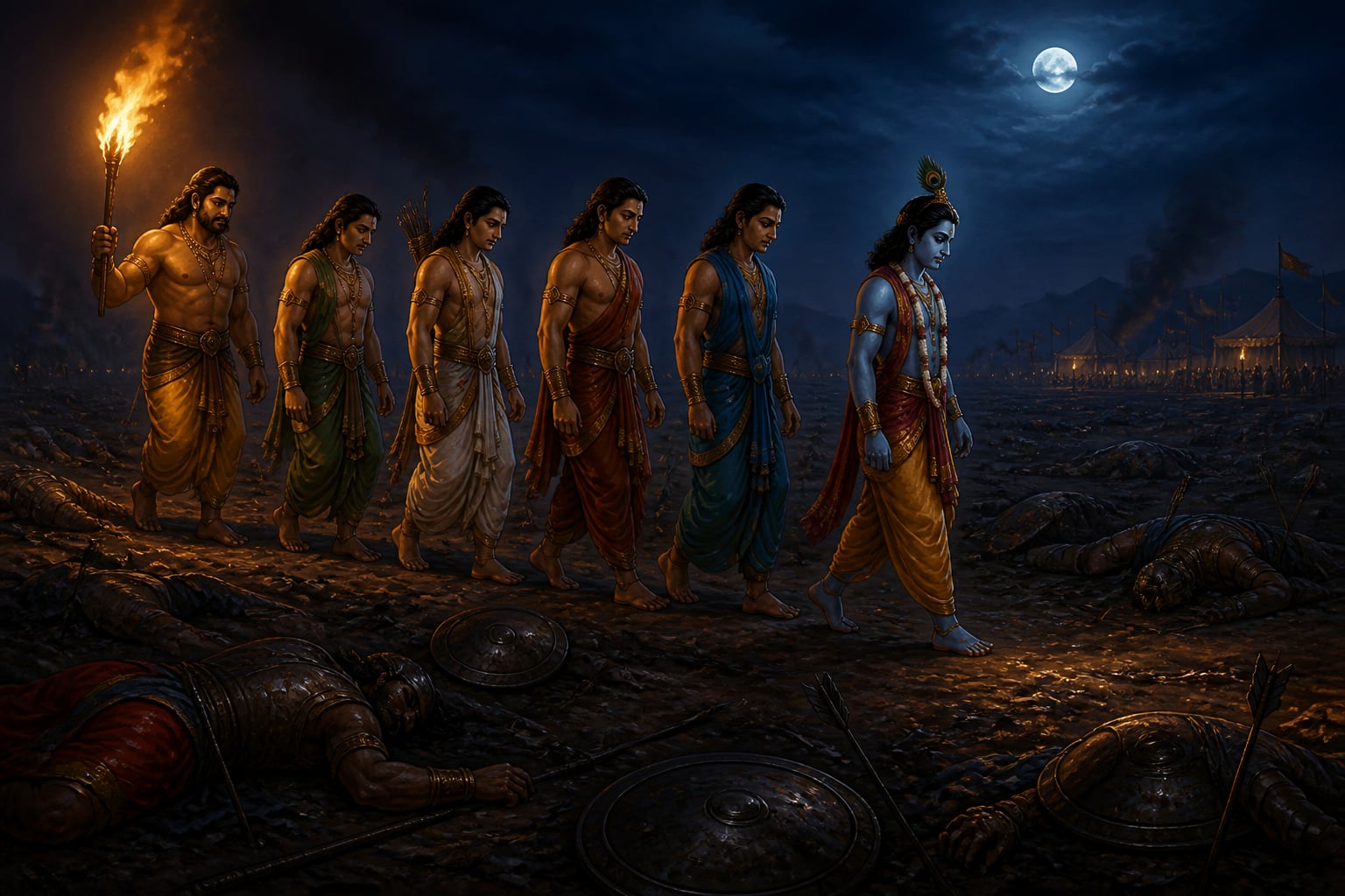 The Pandavas crossing the dark battlefield among the dead