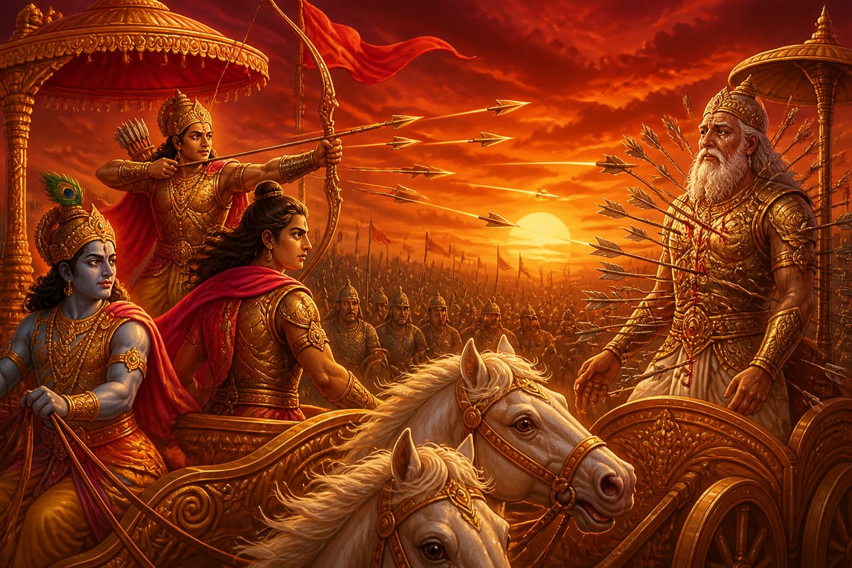 Arjuna firing arrow after arrow into Bhishma from behind Shikhandi