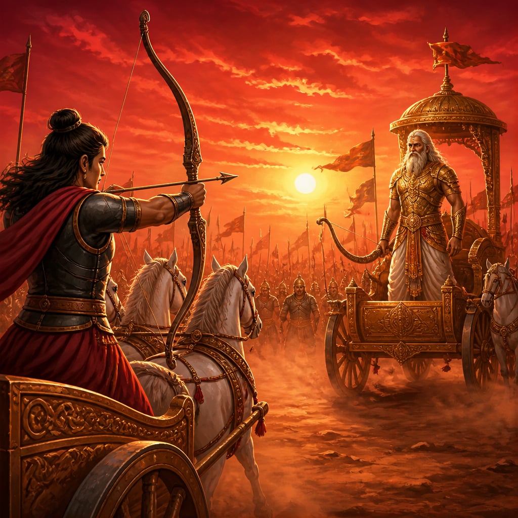 Shikhandi advances steadily in a chariot toward Bhishma on the tenth day, bow raised in deliberate aim.