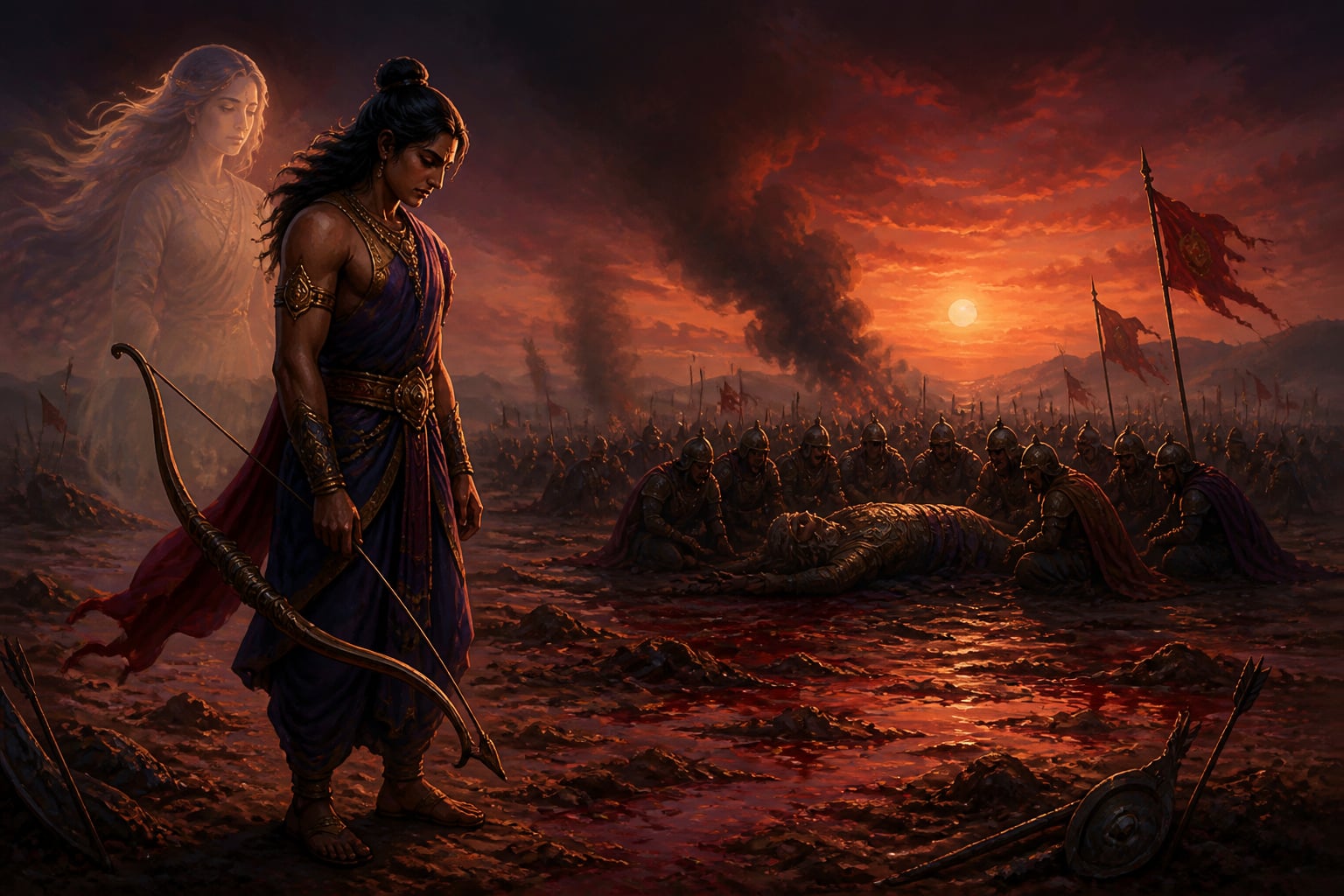 Shikhandi standing alone in the aftermath of Bhishma's fall