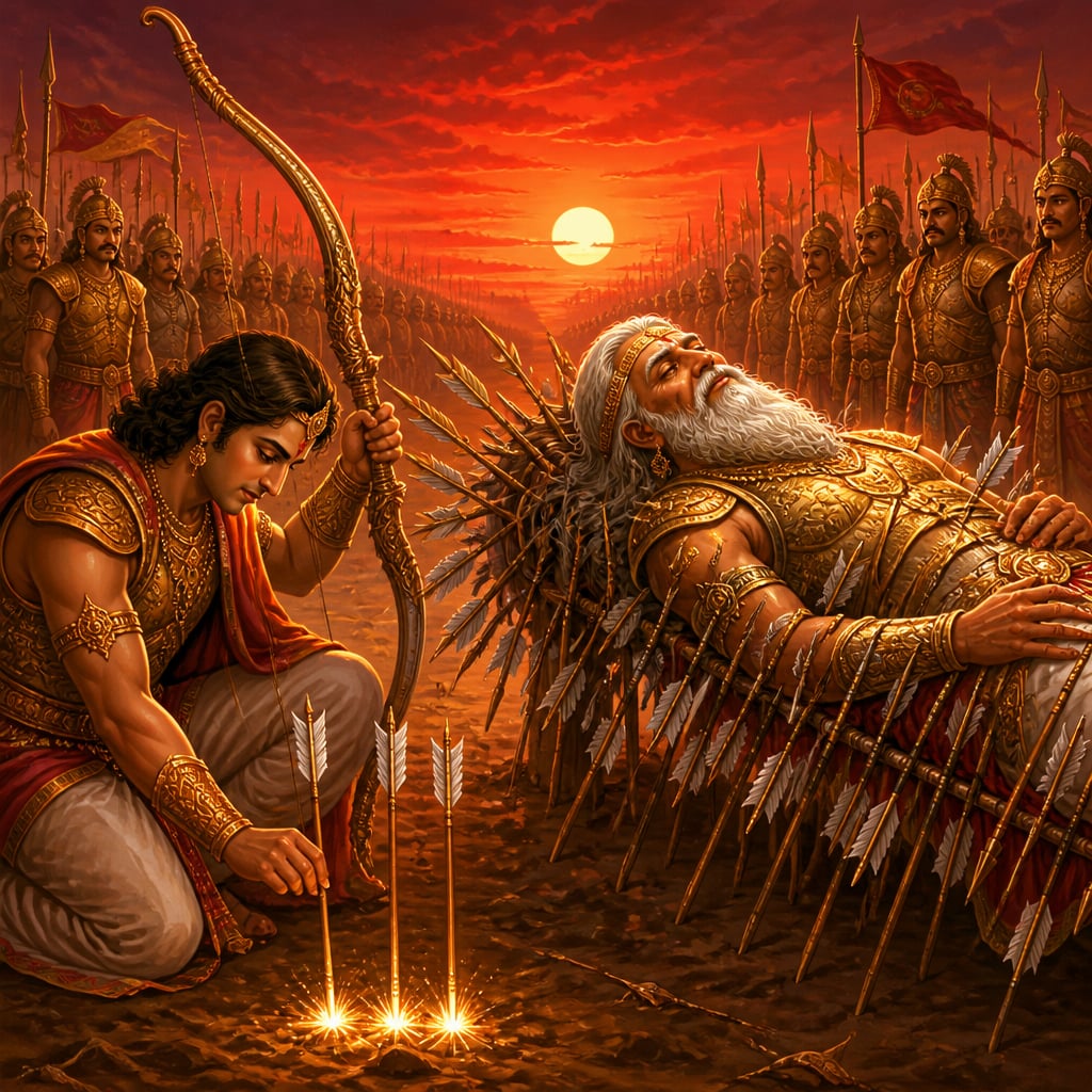 Arjuna kneels by Bhishma on the bed of arrows and fires three arrows into the earth to form a pillow under his head.