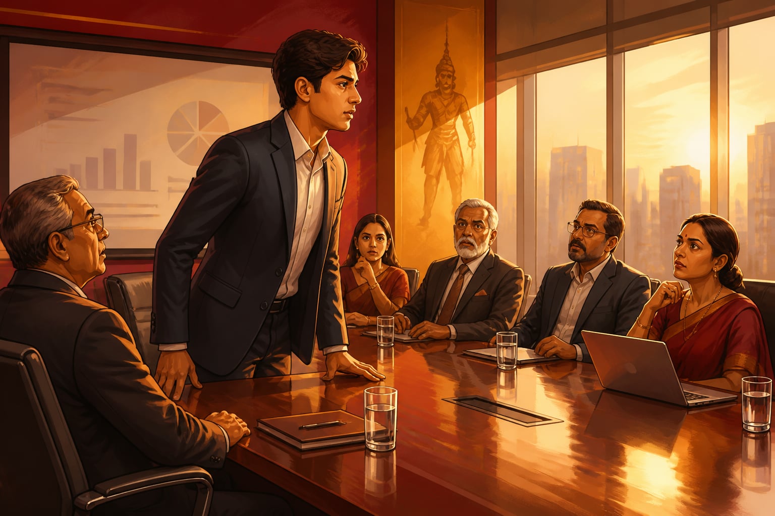A young professional rising to speak up in a modern boardroom