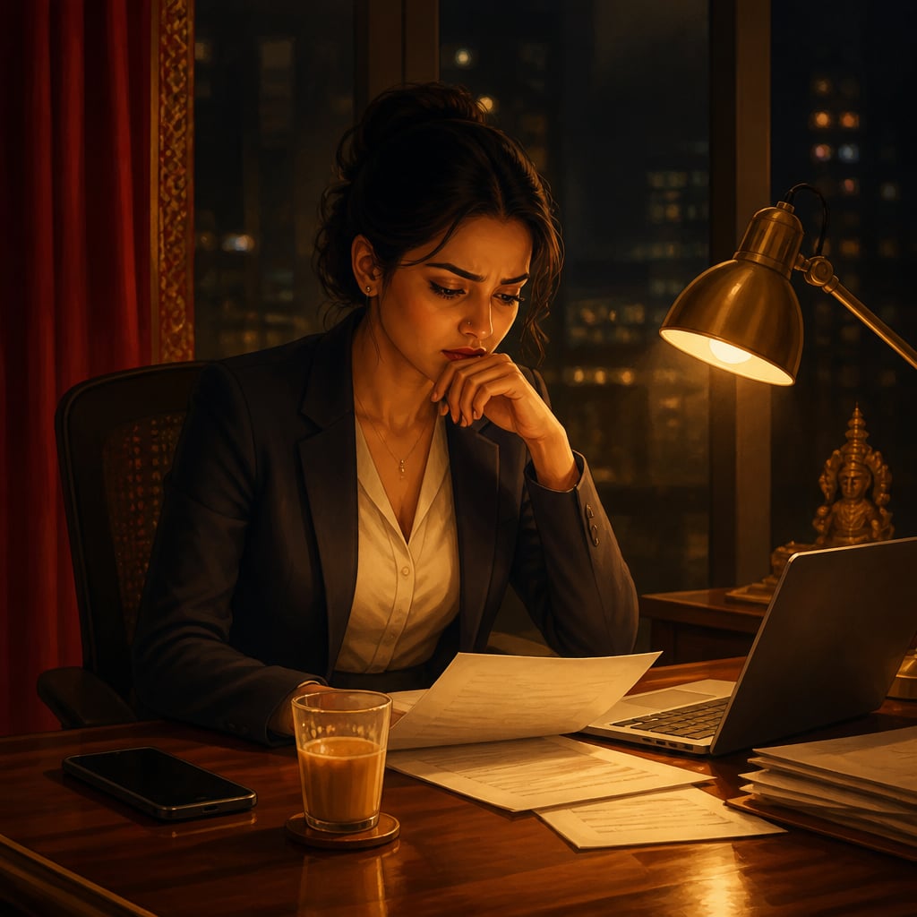 A young Indian woman sits alone at a softly lit office desk at night, weighing an impossible ethical decision.