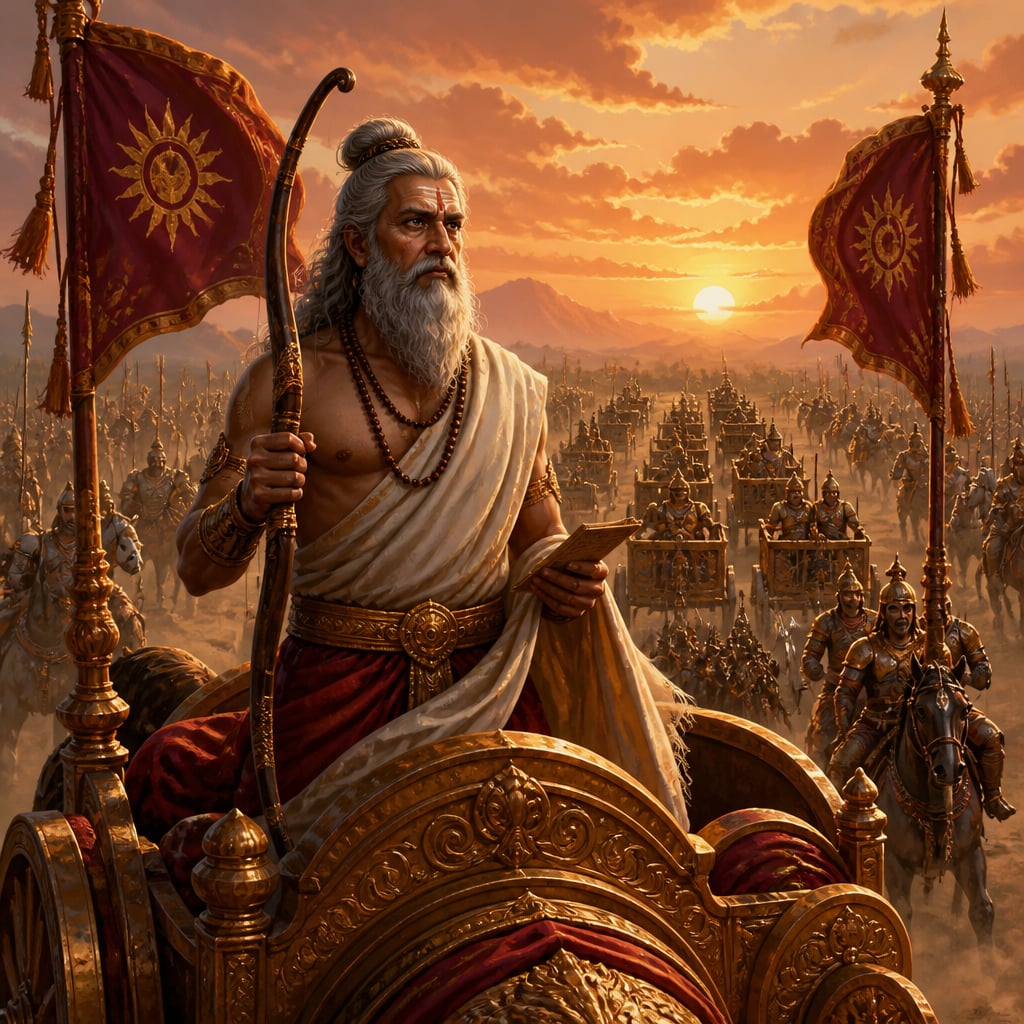 Drona stands in his war chariot at the head of the Kaurava army on the eleventh dawn, scripture in one hand and bow in the other.