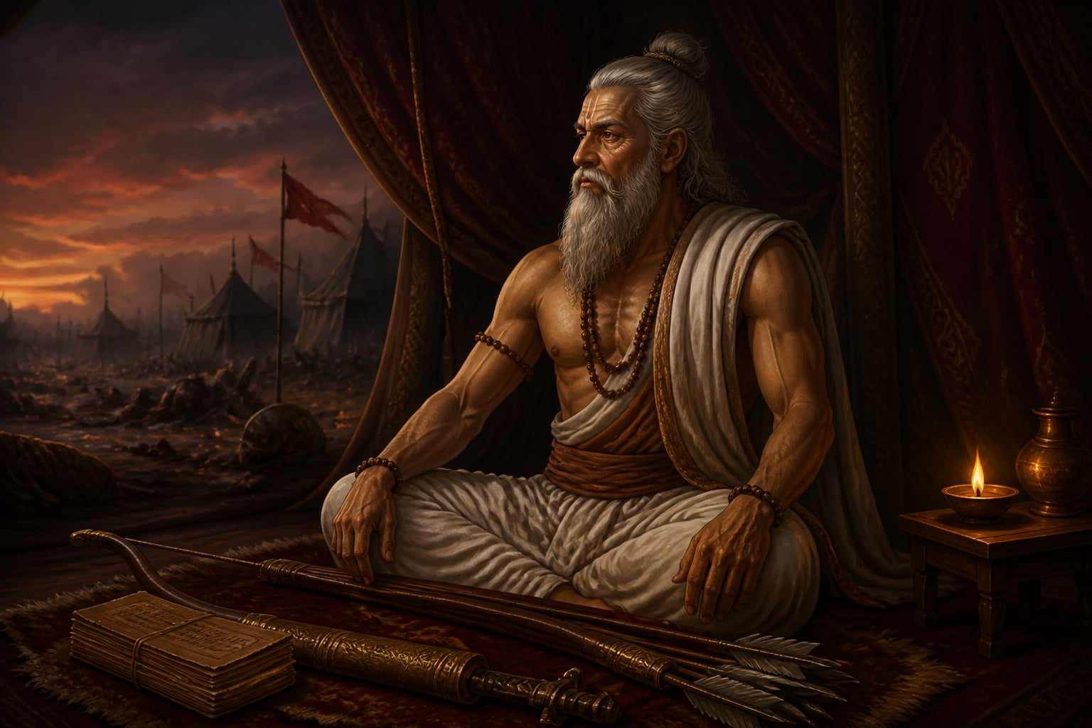 Drona brooding alone in his tent