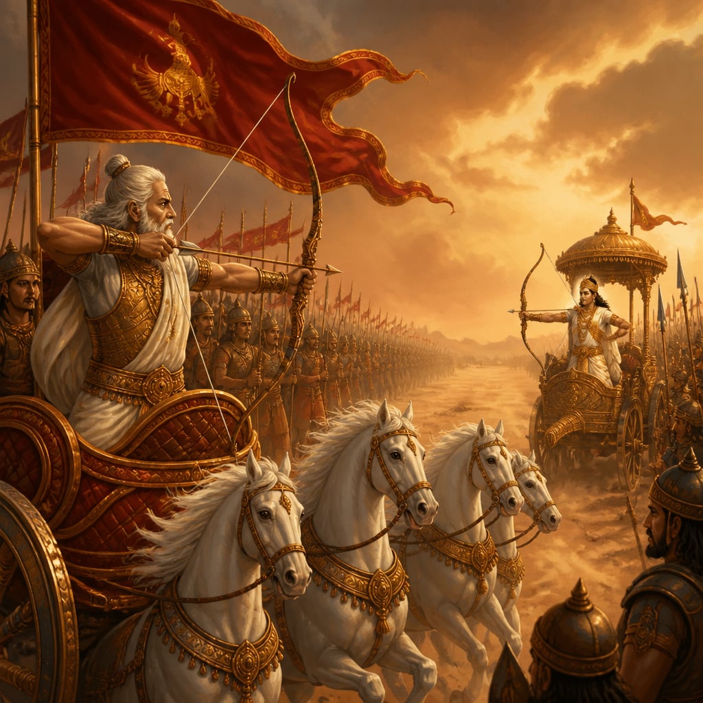 Drona raises his bow and takes aim at Yudhishthira across the battlefield as both armies freeze to watch.