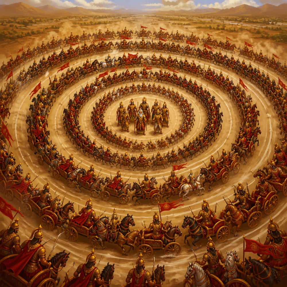 Aerial view of the great Chakravyuha rotating on Kurukshetra, seven concentric rings spiraling like a deadly lotus at midday.