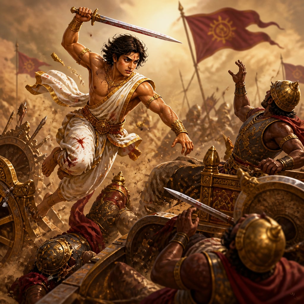 Abhimanyu leaps from his broken chariot onto an enemy Kaurava chariot, blade raised mid-strike as enemies fall around him.
