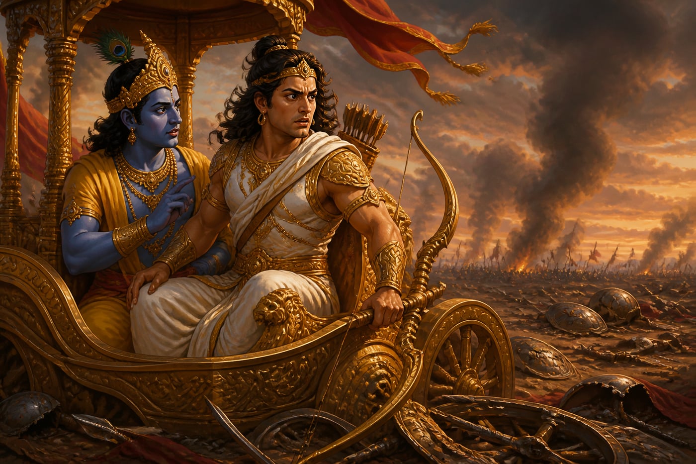 Arjuna hearing news of his son in the Chakravyuha