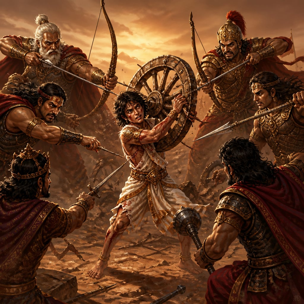 Bleeding Abhimanyu raises a broken chariot wheel at the center of the Chakravyuha as six maharathas surround him with weapons drawn.