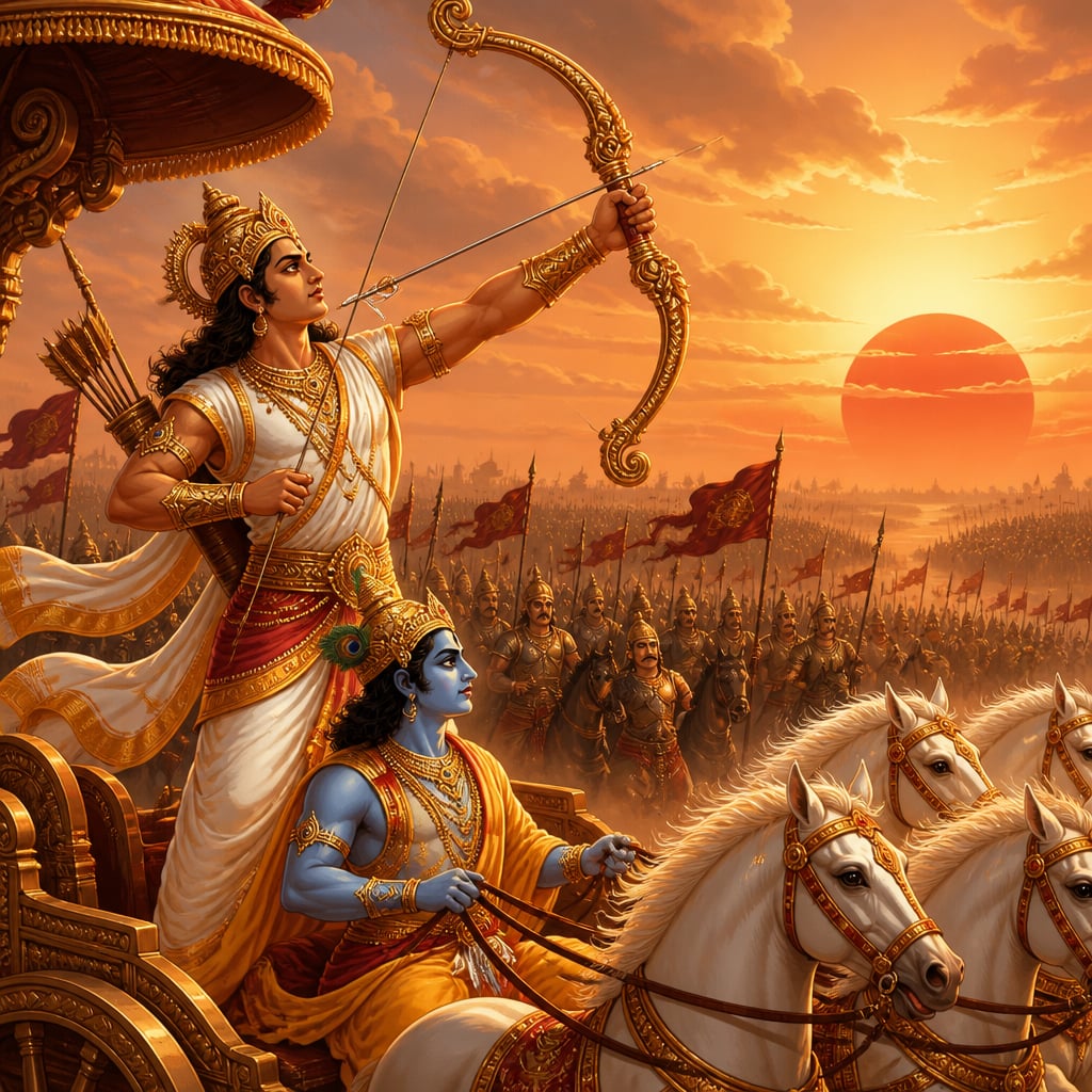 Arjuna stands in his divine chariot with Krishna at the reins on the fourteenth dawn, raising the Gandiva bow as the red sun crests the horizon.