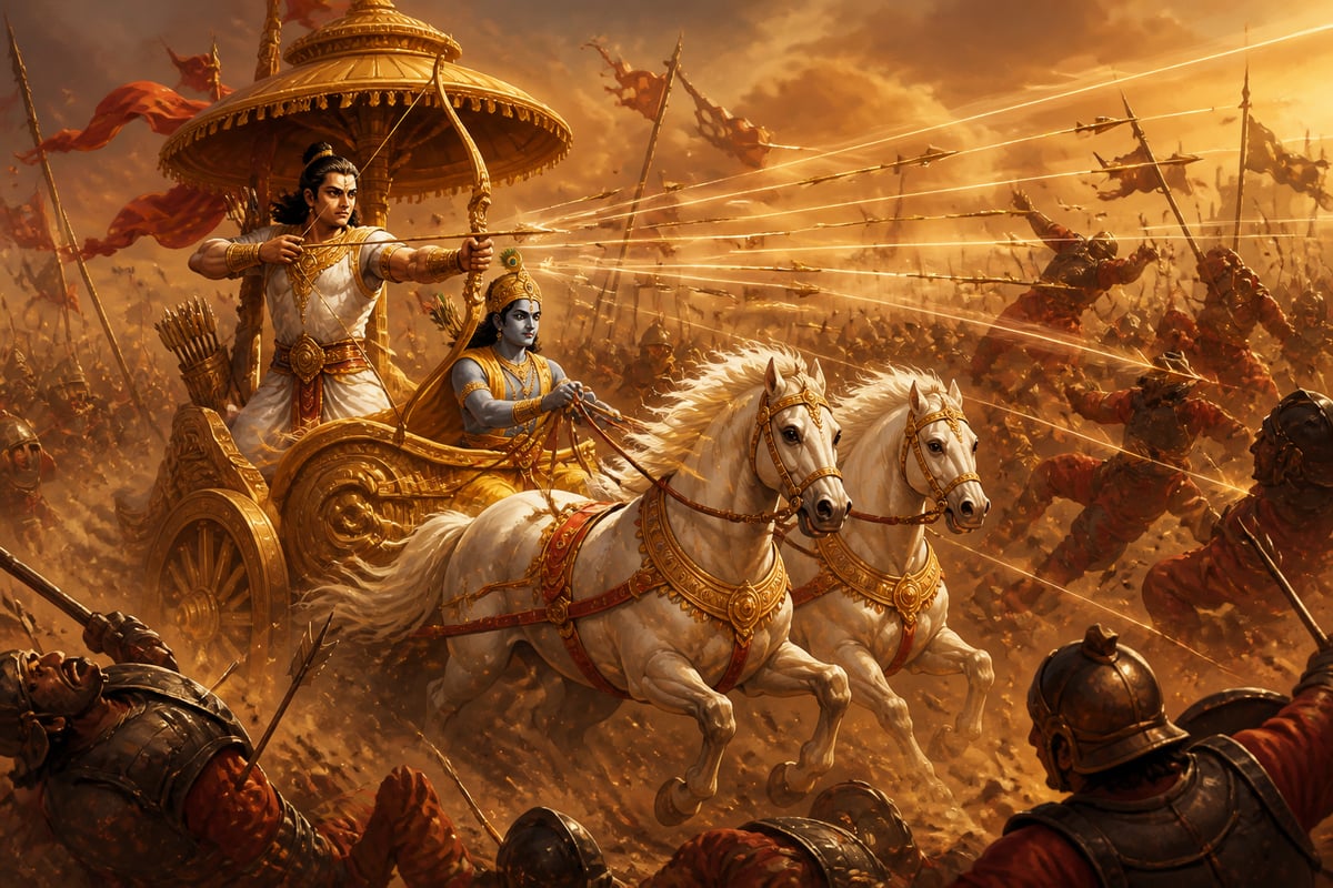 Arjuna devastating the first Kaurava layer