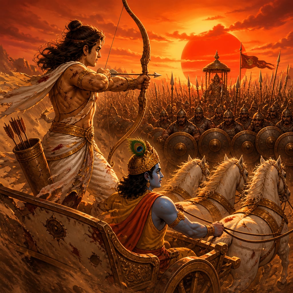 Battered Arjuna faces the seventh Sindhu layer with the great sun low and red on the western horizon, defenders forming a wall of shields around the unseen Jayadratha.