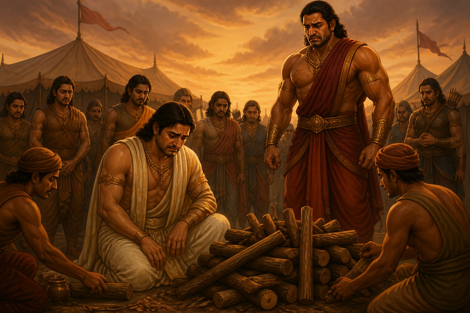 Yudhishthira preparing the pyre for Arjuna's vow