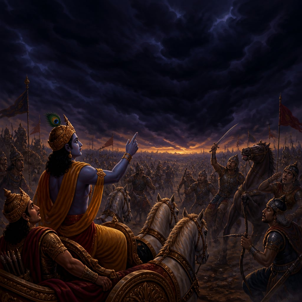 The Kurukshetra battlefield plunges into sudden uncanny darkness as dark clouds obscure the great sun just before sunset.