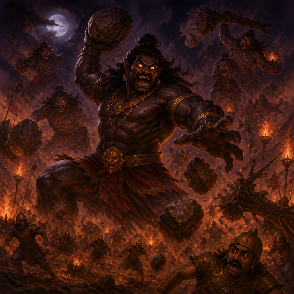 Mountainous Ghatotkacha towers over the night battlefield with blazing eyes, illusory copies hurling boulders down on fleeing Kaurava soldiers.