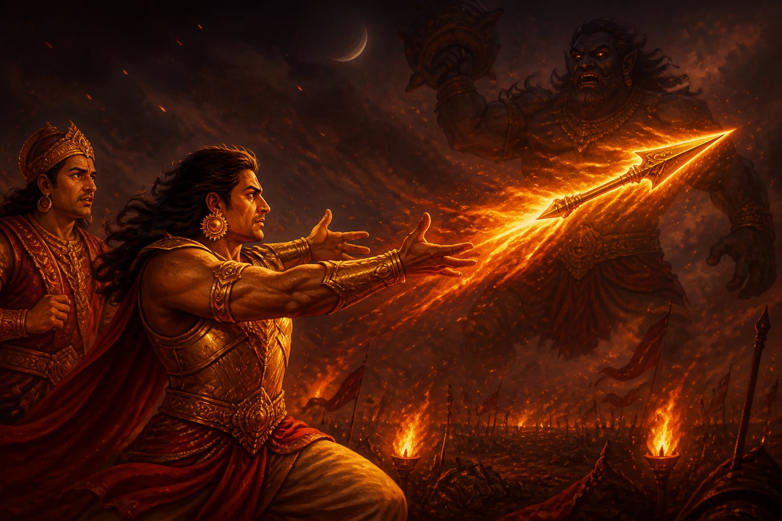 Karna throwing the Shakti spear at Ghatotkacha