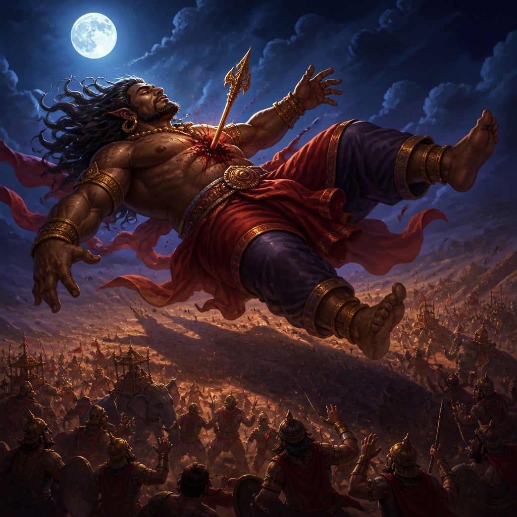 Mountainous Ghatotkacha with the divine Shakti spear lodged in his chest falls backward through the night sky onto the Kaurava army below.
