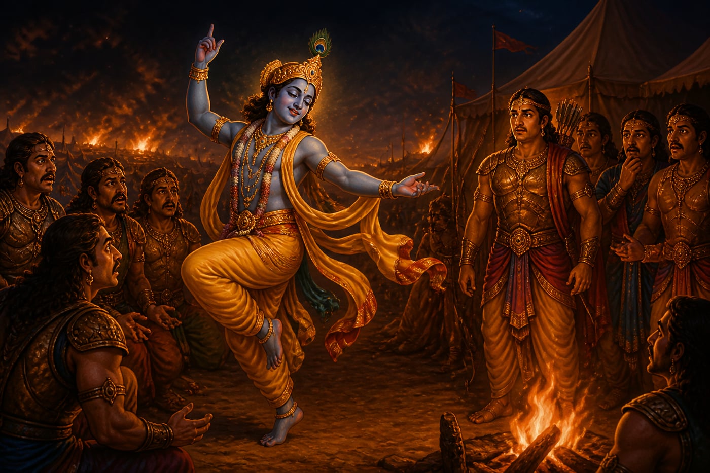 Krishna dancing in strange joy at Ghatotkacha's death