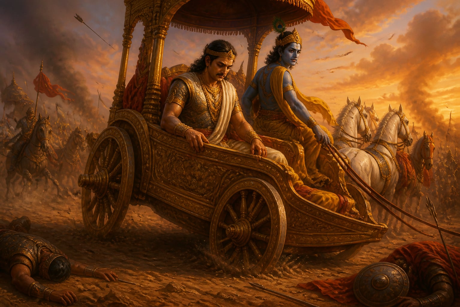 Yudhishthira's chariot dropping to touch the earth