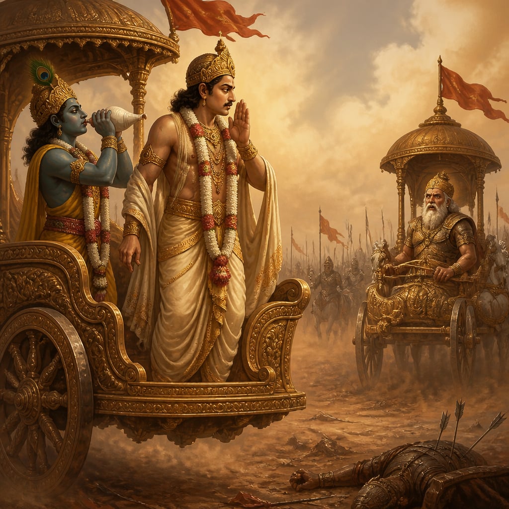 Yudhishthira speaks the half-truth from his floating chariot as Krishna blows his great conch beside him at the exact moment of the whispered qualifier.