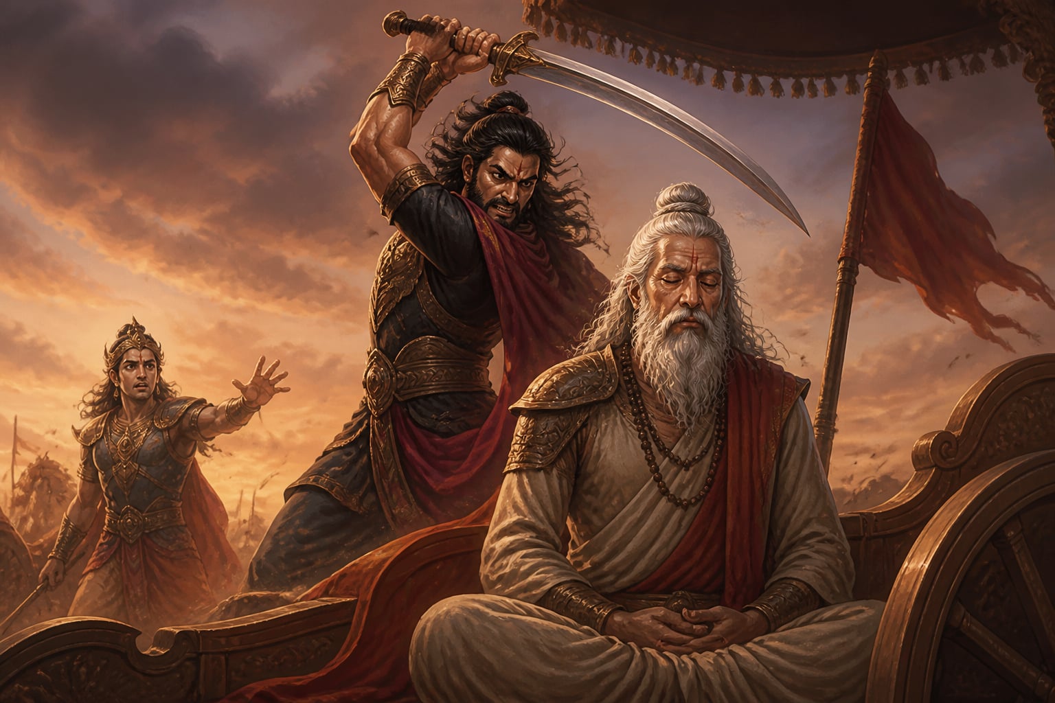 Dhrishtadyumna's sword above the meditating Drona