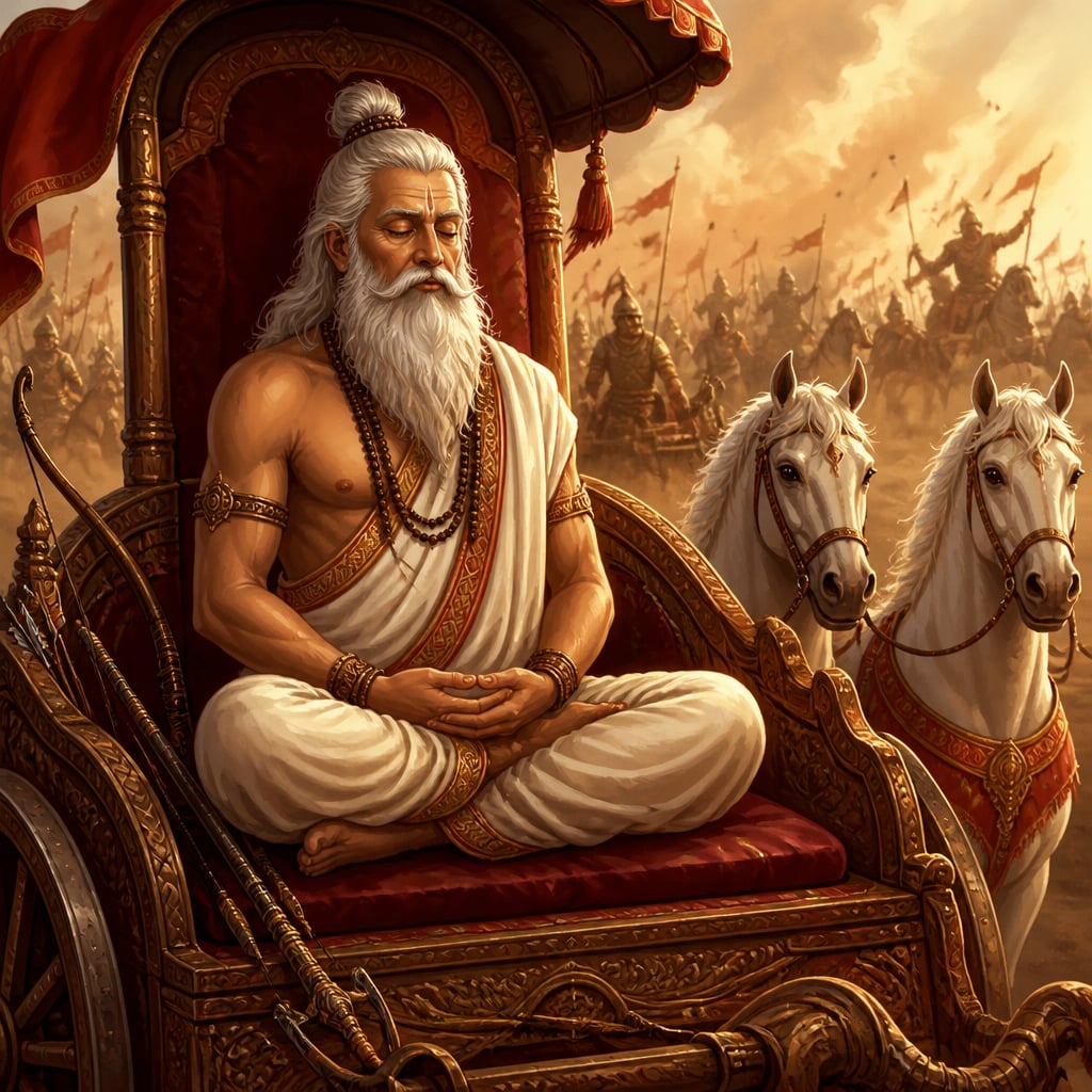 Drona sits cross-legged in deep yogic meditation in his royal war chariot at the height of battle, eyes closed and hands folded gently in his lap.