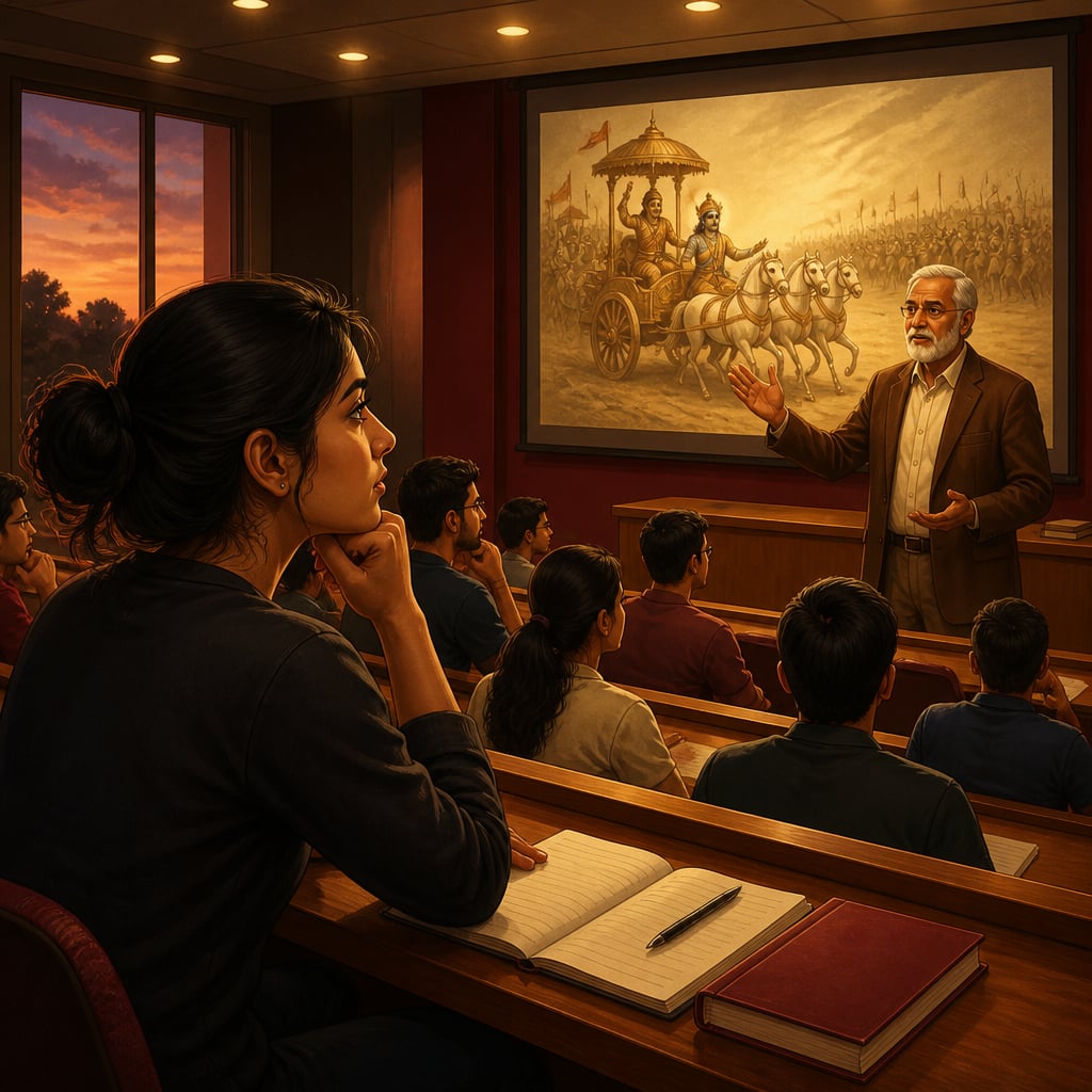 A young woman student in a modern Indian university lecture hall watches an older respected teacher with a mixture of admiration and growing inner doubt.